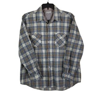 Career Club Flannel Shirt Mens XL Blue Plaid Vintage Wool Blend Long‎ Sleeve